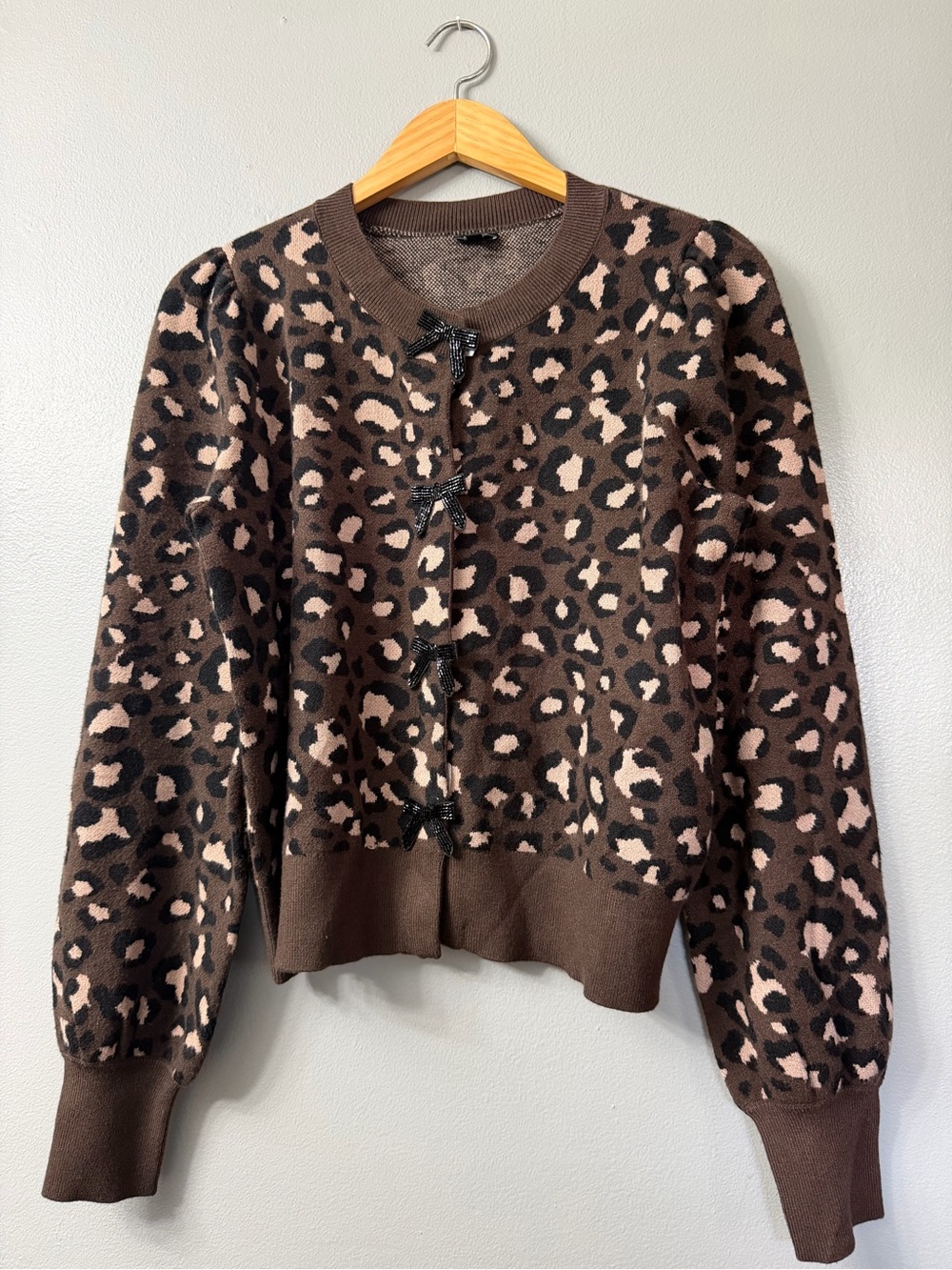Express Leopard Print Bow-Front Cardigan Sweater - Brown/Pink Large